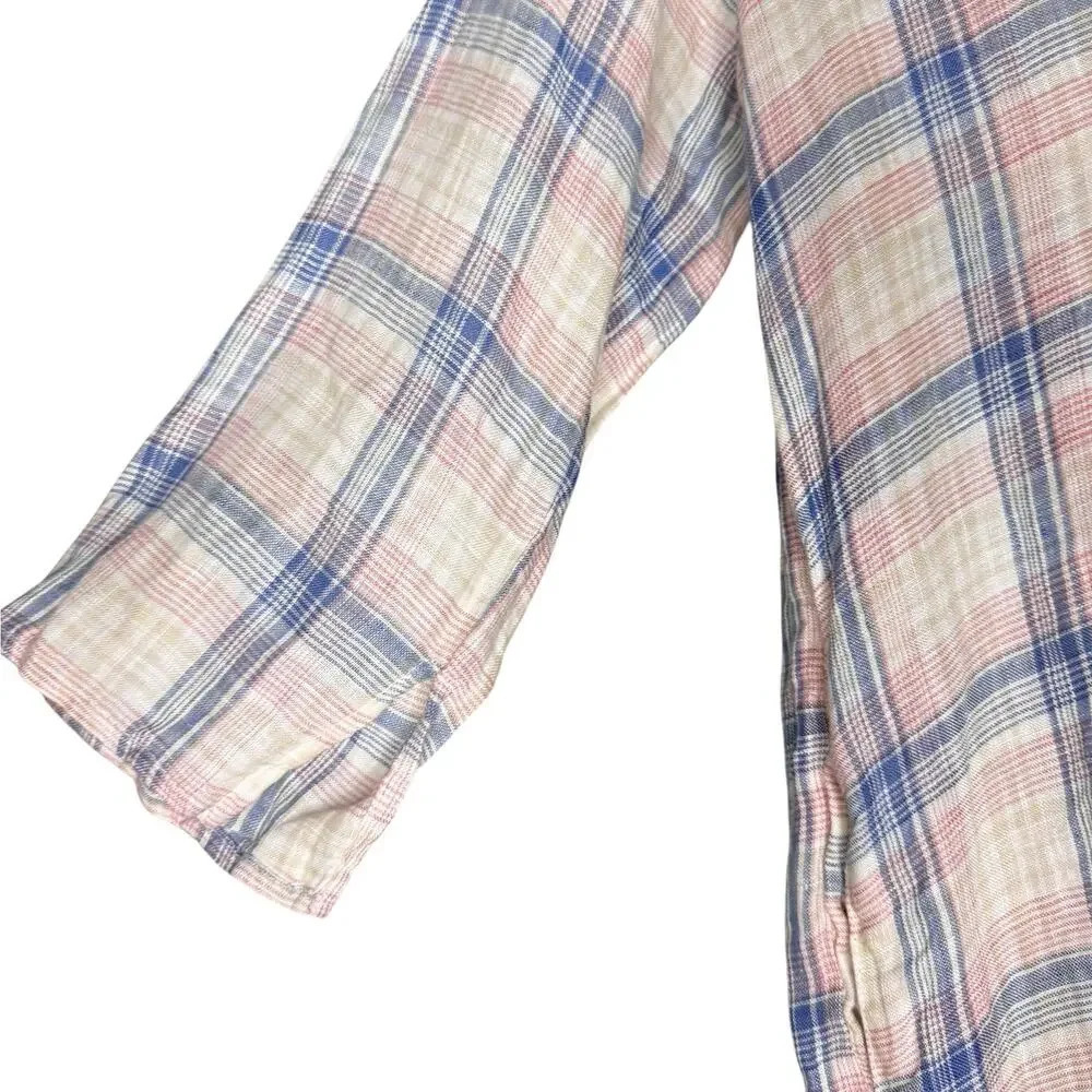 CP Shades Pastel Plaid Linen Split Neck Long Tunic Top Size XS - Picture 5 of 9